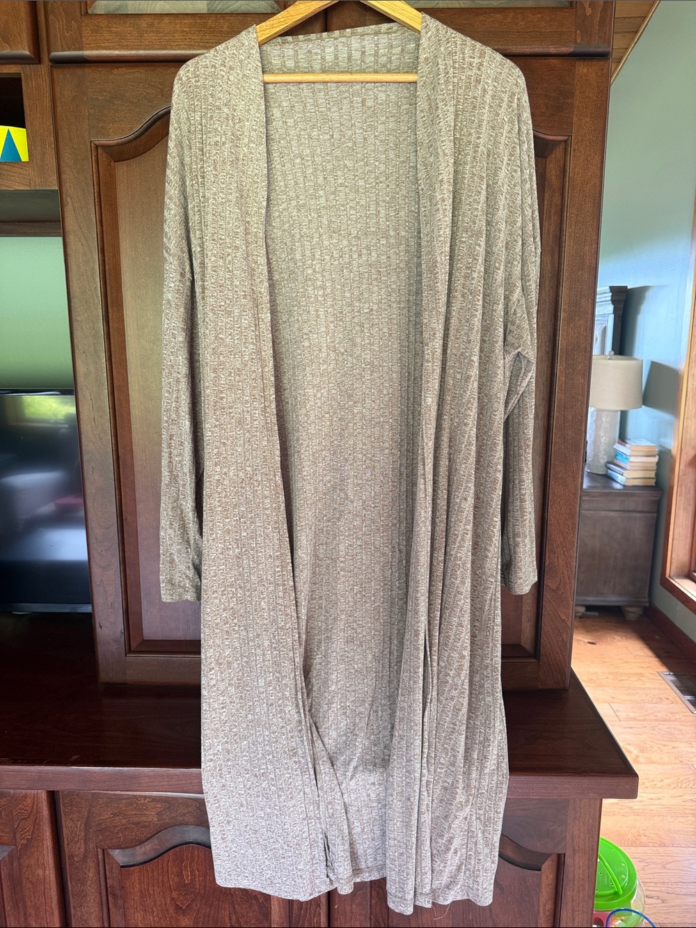 SHEIN Ribbed Light Taupe Open-Front Duster Cardigan
